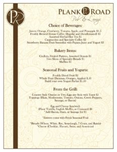 Plank Road Pub Menu