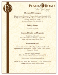 Plank Road Pub Menu 1