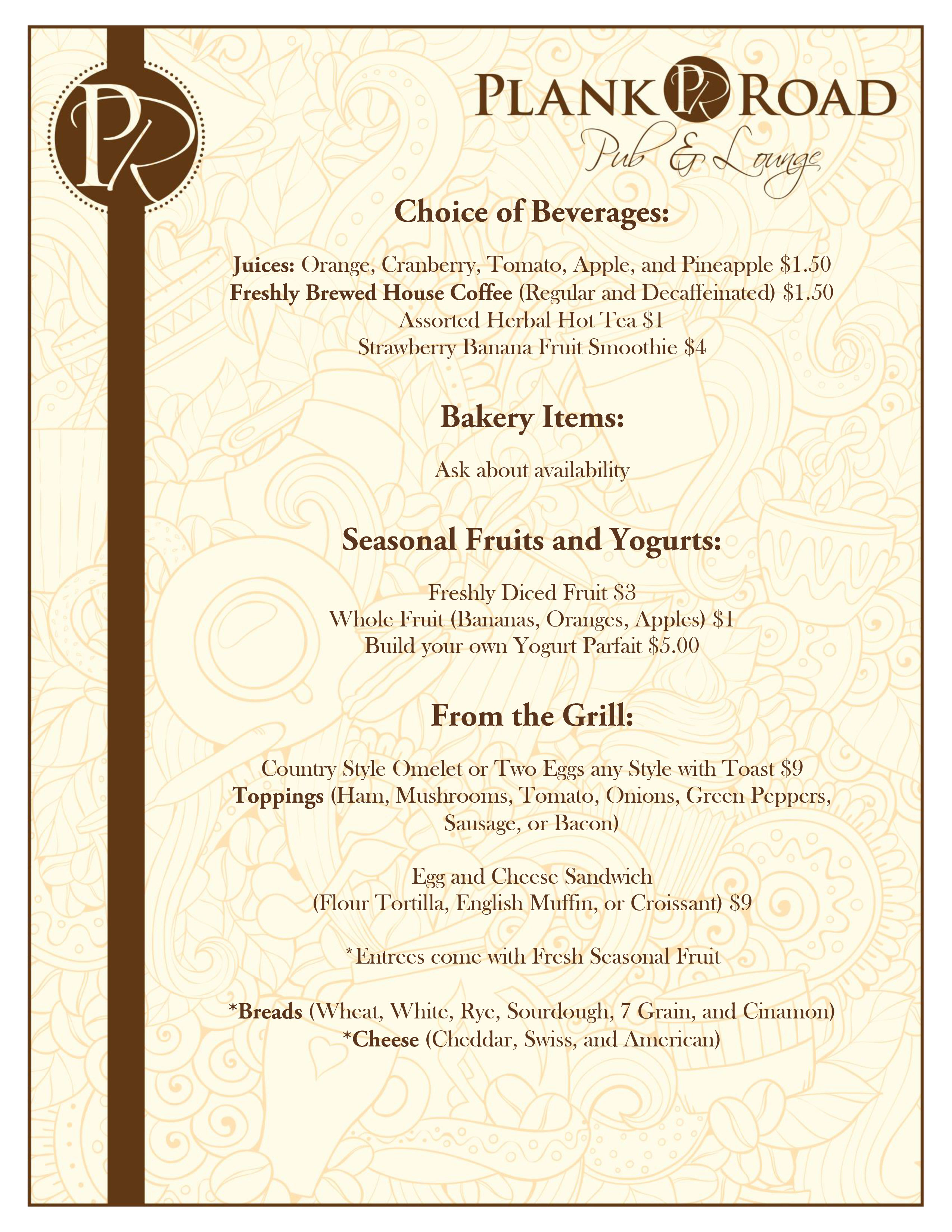 Plank Road Pub Menu 1