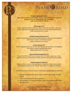 Plank Road Pub Menu 2